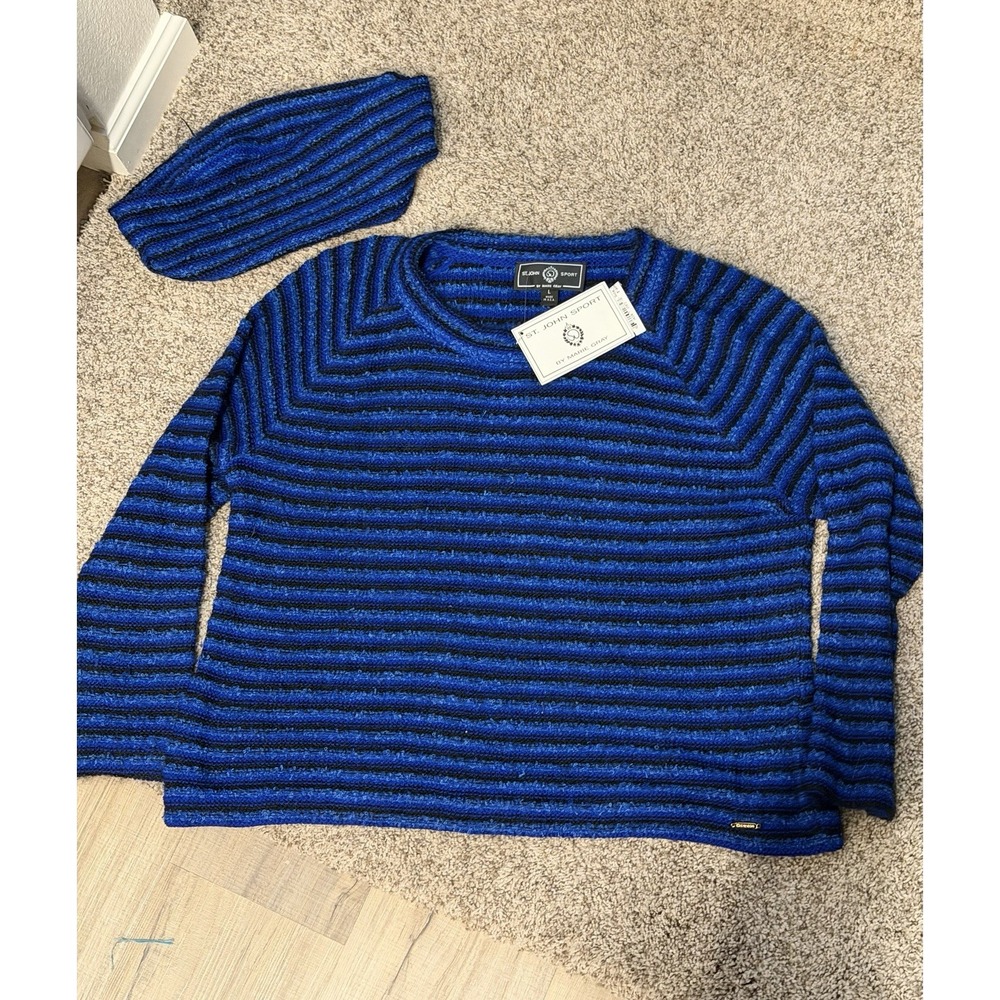NWT St John Sport Marie Gray Lapis Wool Sweater & Infinity Scarf Set L $375